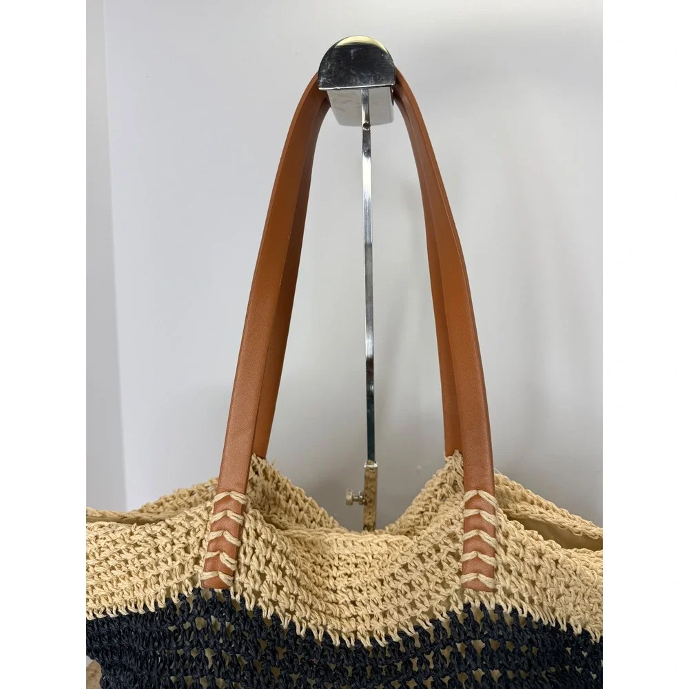 Forever 21 Straw Tote Bag Womens Navy Cream Striped‎ Woven Beach Summer Coastal